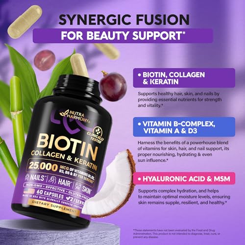 Biotin | Collagen | Hyaluronic Acid | Keratin - Support Normal Hair Growth Cycle, Skin & Nails - Clinically Tested - 25000mcg Vitamins B1, B2, B3, B6 & B7 - for Women & Men - Made in USA | 60 Capsules