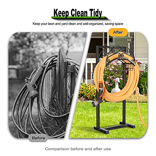 Gayuteay Garden Hose Holder – Water Hose Reel Stand with Storage Basket Holds 151ft, Heavy Duty Freestanding Garden Hanger Storage Rack for Outside Yard Lawn Farm