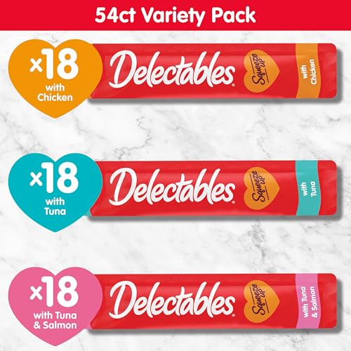 Delectables Squeeze Up Variety Pack, Creamy Squeezable Puree, Lickable Wet Cat Treats, Grain Free, No Fillers, by-Products, Preservatives, 0.5 Ounces Tube, 54 Tubes Total