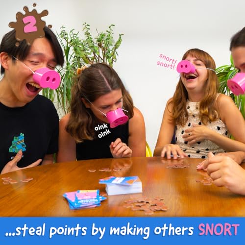 Snort Funny – The Oinkredible You Laugh You Lose Party Game, Family Games for Kids and Adults w/ 150 Challenge Cards, 5 Pig Snouts & Mud Tokens, Funny Games for Friend & Family, 4-8 Players, Ages 8+