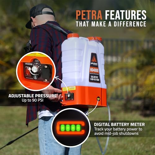 PetraTools Battery Powered Backpack Sprayer 4 Gallon - 6 Hours Long Battery Life & Padded Straps for Comfort - HD4000 Electric Backpack Garden Sprayer with 6 Spray Nozzles & 90PSI Adjustable Pressure