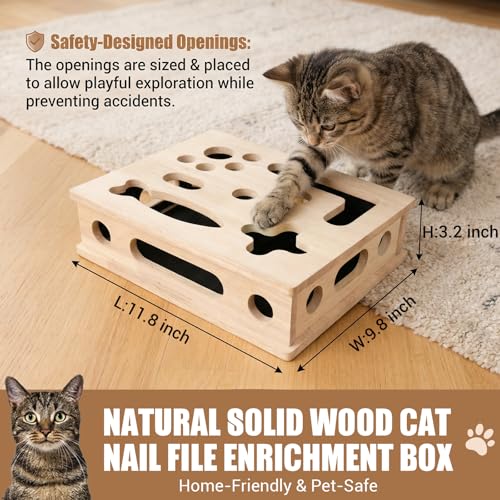 Cat Scratch Puzzle Enrichment Box, Smooth Solid Wood Cat Nail File Enrichment Box with Built-in Sandpaper, Cat Nail File Box Stress Free Alternative to Clippers & Grinders(No Bell Ball)