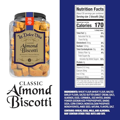 La Dolce Vita Classic Almond Italian Biscotti Cookie Snacks with Whole Almonds, 40 oz. Jar, 30 Servings (Pack of 1)