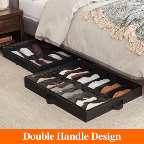 Lifewit Under Bed Shoe Storage Organizer 2 Pack(12 Shoes Cells), 4.3 Inches Profile Fabric Shoes Container Box with Clear Cover, Foldable Storage Bag with 2 Handles, Fits 12 to 24 Pairs