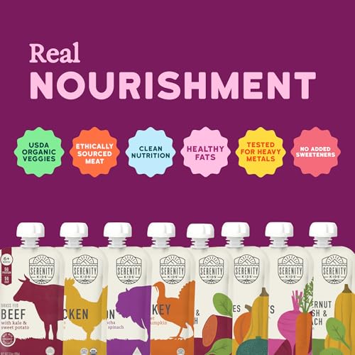 Serenity Kids 6+ Months Baby Food Puree Pouch - 5g Protein-Packed Toddler Snacks - Organic Meat & Veggie Food Pouches - Recyclable Containers for Toddler Meals - 3.5 Oz, Pack of 18
