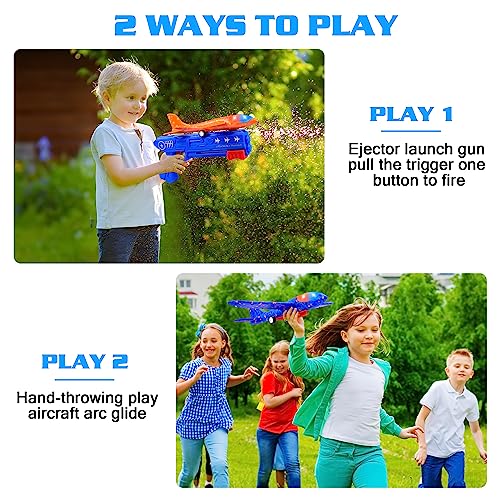 LJZJ 3 Pack Airplane Launcher Toys, 2 Flight Modes LED Foam Glider Catapult Plane, Outdoor Flying Toy for Kids, Birthday Gifts for Boy Girl 3+ Year Old, B-Day Party Supplies