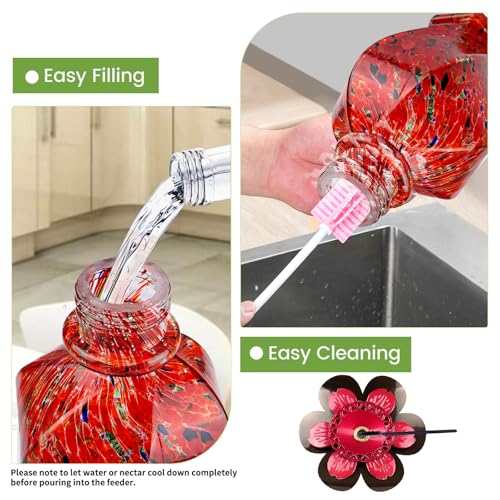 BOLITE Hummingbird Feeder, Hand Blown Glass Hummingbird Feeders for Outdoors Hanging with Ant Moat, 5 Bee-Proof Ports, Leak-Proof, 360° Perch, 22oz, Red, Gifts for Women Men, Gifts for Mom Dad