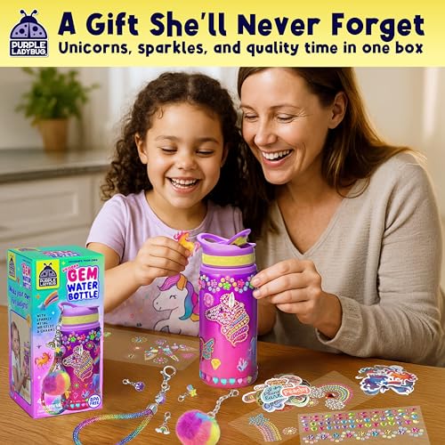 PURPLE LADYBUG Decorate Your Own Water Bottle Kit for Girls - Gift for Girls Ages 5 6 7 8 9 10 Year Old Girl Birthday Gift, Unicorn Toys Crafts Kids Ages 6-12 Mothers Day Crafts for Kids