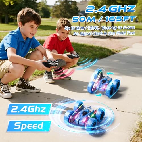 Remote Control Stunt Car 4WD 360° Flip Double‑Sided RC Cars, LED Light Bar, USB‑C Modular Battery, 2.4 GHz Outdoor Beach Toy for Boys 6‑12 Years Old, Birthday & Christmas Kids Gift, Blue