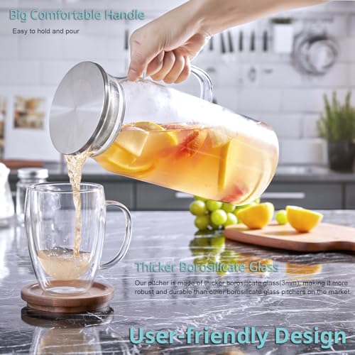 Bivvclaz 2 Liter 68 oz Glass Pitcher with Lid and Handle, Glass Carafe for Hot/Cold Water, Large Iced Tea Pitcher for Coffee, Juice and Homemade Beverage