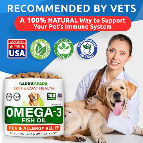BARK&SPARK Omega 3 for Dogs and Cats-180 Fish Oil Treats for Dogs & Cats Shedding, Skin Allergy, Itch Relief, Hot Spots Treatment-Joint Health-Skin and Coat Supplement-EPA & DHA Fatty Acids-Salmon Oil