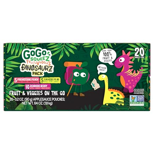 GoGo squeeZ No Sugar Added Fruit & veggieZ Applesauce and Puree Variety Pack, Jurassic Pear, Roarrrr Berry & Prehistoric Peach, 3.2 oz Pouches (Pack of 20), Fruit Snacks for Kids, Gluten Free, Nut Free, Recloseable Cap, BPA Free