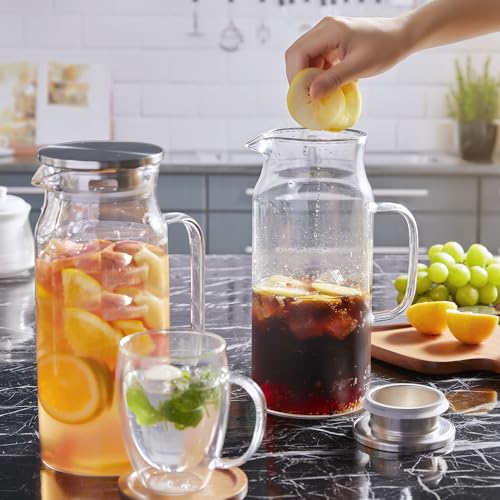 Bivvclaz 2 Liter 68 oz Glass Pitcher with Lid and Handle, Glass Carafe for Hot/Cold Water, Large Iced Tea Pitcher for Coffee, Juice and Homemade Beverage
