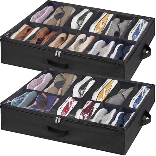 Lifewit Under Bed Shoe Storage Organizer 2 Pack(12 Shoes Cells), 4.3 Inches Profile Fabric Shoes Container Box with Clear Cover, Foldable Storage Bag with 2 Handles, Fits 12 to 24 Pairs