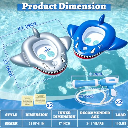 2 Pack Inflatable Shark Pool Floats Kids 3-11 Years, Kids Floaties Swimming Pool Toys with 2 Water Squirt Guns Boys Girls Party Float Ride-on Toddler Floatie with Safety Seat Summer Outdoor Water Game