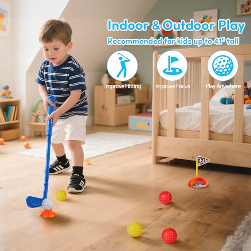 PJG Toddler Golf Set, Plastic Kids Golf Clubs Ages 1 2 3 4 5 Years Old with 4 Golf Clubs and 10 Balls, Indoor and Outdoor Toddler Golf Toys with Cart for Boys and Girls Birthday (Blue)