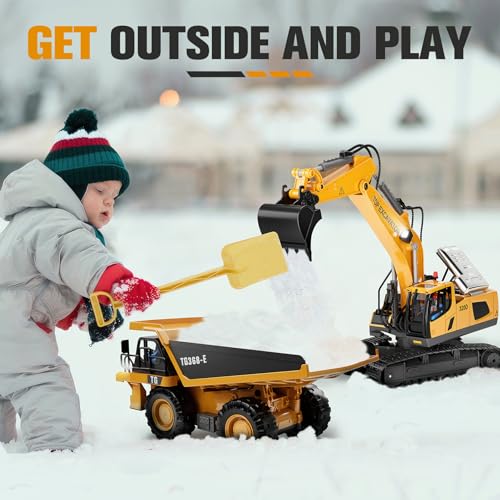 KIDMARKT Remote Control Excavator Toy for Boys | 11-Channel Metal Construction Truck with Lights, 2×1200mAh Batteries, 120-Min Playtime | RC Excavator Toys for Kids Ages 3-12, STEM Gift for Birthday
