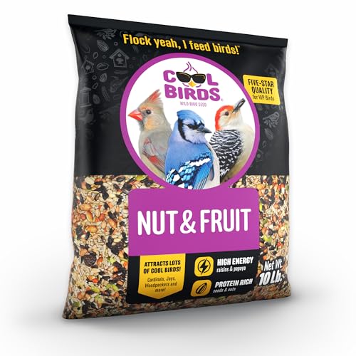 Cool Birds Nut & Fruit Wild Bird Seed – 10 lb. Gourmet Bird Food with Sunflower Hearts, Peanuts, Tree Nuts & Real Fruit – No Corn, Milo or Millet Bird Seed for Outside Feeders