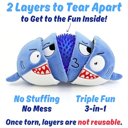 3 in 1 Squeaky Soft Plush Durable Dog Chew Toy for Aggressive Chewers, No Stuffing Interactive Tough Rip & Reveal Crinkle Blue Shark Ball in Gift Box, Puppy, Small & Large Breed Pets Birthday Present