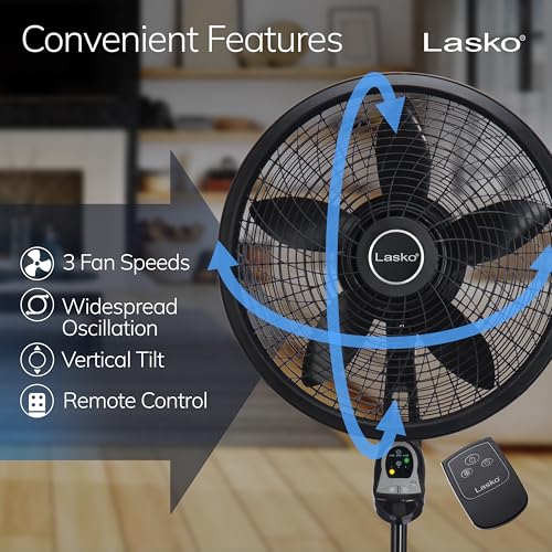 Lasko Oscillating Cyclone Pedestal Fan, Adjustable Height, Timer, Remote Control, 3 Speeds, for Bedroom, Living Room, Home Office, 18", Black, 1843