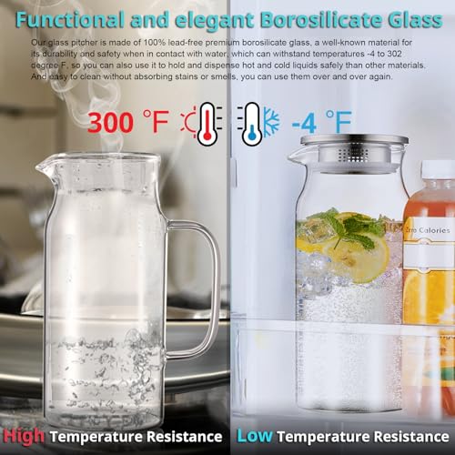 Bivvclaz 2 Liter 68 oz Glass Pitcher with Lid and Handle, Glass Carafe for Hot/Cold Water, Large Iced Tea Pitcher for Coffee, Juice and Homemade Beverage