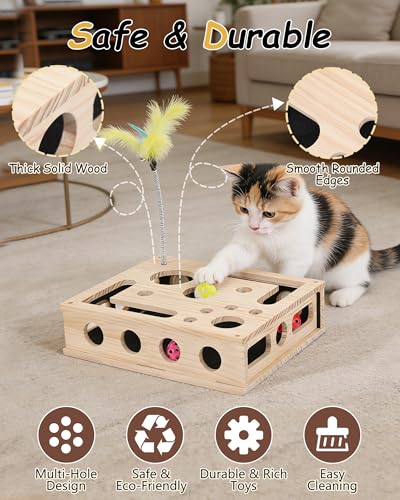 Cat Toys for Indoor Cats - Interactive Box Puzzle Toy Nail File Scratcher Hunting Play Toy with 3 Jingle Balls & 1 Feather Wand, Wooden Puzzle Treat Toy Box Energize Cat Instincts for Bored Cats