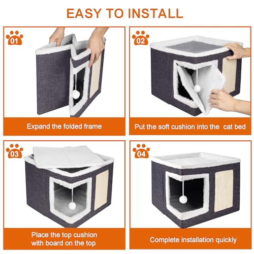 Loyareal Cat Houses for Indoor Cats - Large Cat Bed Cave with Scratch Pad and Fluffy Ball, Foldable Cat Condo Hideaway with Reversible Cushion for Multi Small Pet, Dark Grey