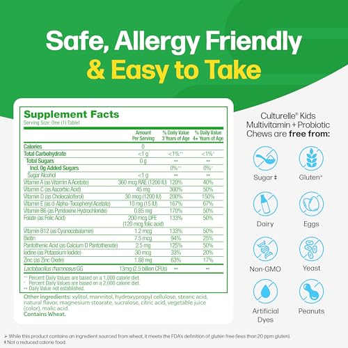 Culturelle Kids Complete Chewable Multivitamin + Probiotic For Kids, Ages 3+, 90 Count, Digestive Health, Oral Health & Immune Support - With 11 Vitamins & Minerals, including Vitamin C, D3 & Zinc