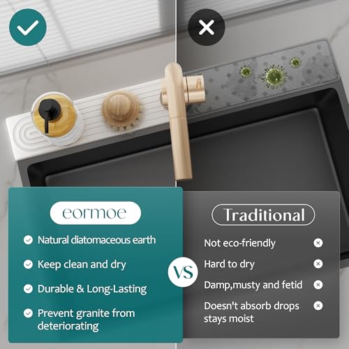 Eormoe Faucet Mat for Kitchen Sink – Diatomite Stone Drying Mat & Sink Protectors, Prevent Moisture – Sink Splash Guard Water-Absorbing Stone Tray for Bathroom Counter (Light Grey, 23.6" x 3.9")