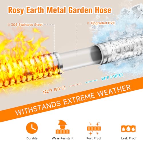 Rosy Earth Garden Hose 100 FT, Heavy Duty 304 Stainless Steel Flexible Water Hose, No-Kink, No Bite, Expandable Water Hose for Yard, RV, Car