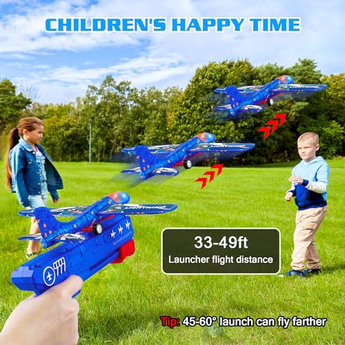 LJZJ 3 Pack Airplane Launcher Toys, 2 Flight Modes LED Foam Glider Catapult Plane, Outdoor Flying Toy for Kids, Birthday Gifts for Boy Girl 3+ Year Old, B-Day Party Supplies