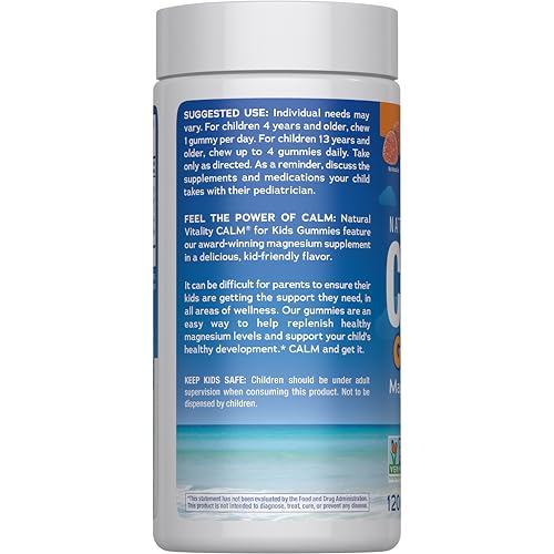 Natural Vitality Calm, Magnesium Citrate Kids Supplement, Stress Relief Gummies, Supports a Healthy Response to Stress, Gluten Free, Vegan, Sweet Citrus, 120 Gummies