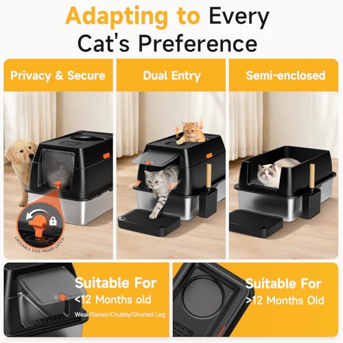 Extra Large Stainless Steel Litter Box with Lid, High Sided Enclosed Metal Cat Litter Pan, Dog Proof Front Entry Top Exit, Odor Control Easy Clean Leak Proof, Includes Scoop & Step, Black