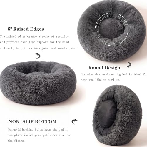 Small Calming Dogs Bed for Small Dogs Anti-Anxiety Machine Washable Fluffy Luxury Anti-Slip Waterproof Mute Base Warming Cozy Soft Pet Puppy Round Bed