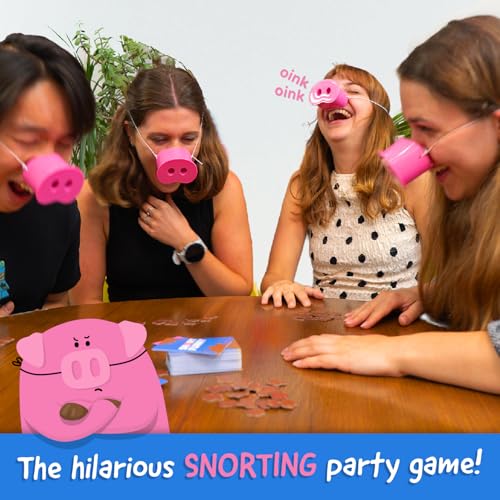 Snort Funny – The Oinkredible You Laugh You Lose Party Game, Family Games for Kids and Adults w/ 150 Challenge Cards, 5 Pig Snouts & Mud Tokens, Funny Games for Friend & Family, 4-8 Players, Ages 8+