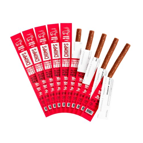 Chomps Grass-Fed and Finished Original Beef Jerky Snack Sticks 10-Pack - Keto, Paleo, Whole30, 10g Lean Meat Protein, Gluten-Free, Zero Sugar Food, Non-GMO