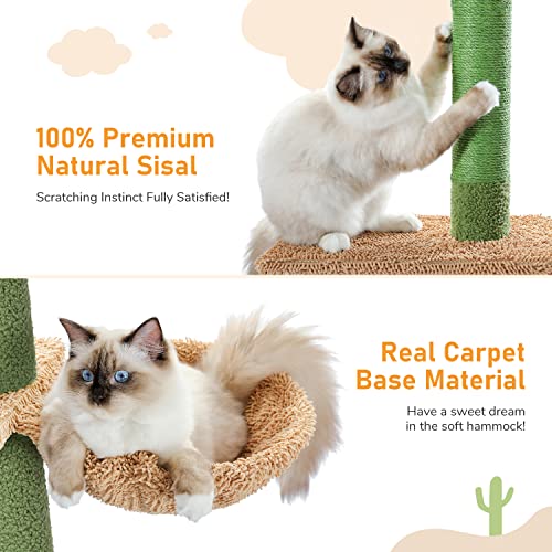 PAWZ Road Cat Tree, Cactus Floor to Ceiling Cat Tower with Adjustable Height(95-108 Inches), 5 Level Cat Climbing Tower with Cozy Hammock, Platforms and Dangling Balls for Indoor Cats