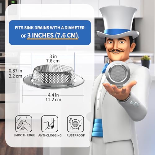 MR.SIGA Kitchen Sink Strainer, Stainless Steel Sink Drain Strainer, Dishwasher Safe, Outer Diameter 4.4 inch/11.2cm, Inner Diameter 3 inch/7.6cm, Pack of 3