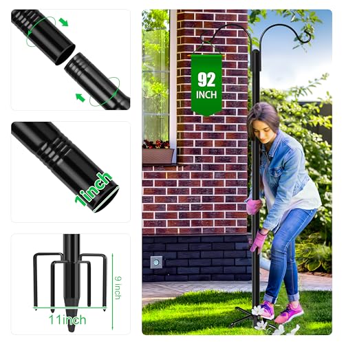 XDW-GIFTS Double Shepherds Hooks for Outdoor, 2-Pack Heavy Duty Garden Pole for Hanging Bird Feeder, Plant Baskets, Solar Light Lanterns, Garden Plant Hanger Stands with 5 Base Prongs