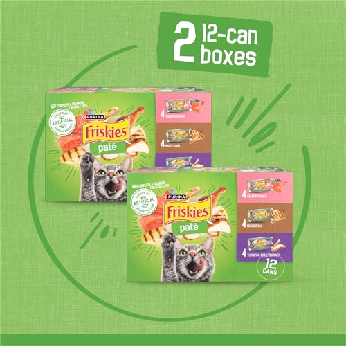 Purina Friskies Wet Cat Food Pate Variety Pack Salmon Dinner, Turkey and Giblets Dinner and Mixed Grill - (2 Packs of 12) 5.5 oz. Cans