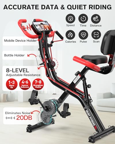 pooboo Folding Exercise Bike, Foldable Upright Stationary Bike, Indoor Cycling Magnetic X-Bike with 8-Level Adjustable Resistance, 6.6 LBS Flywheel, 300LB Capacity, Back Support Cushion for Home Gym