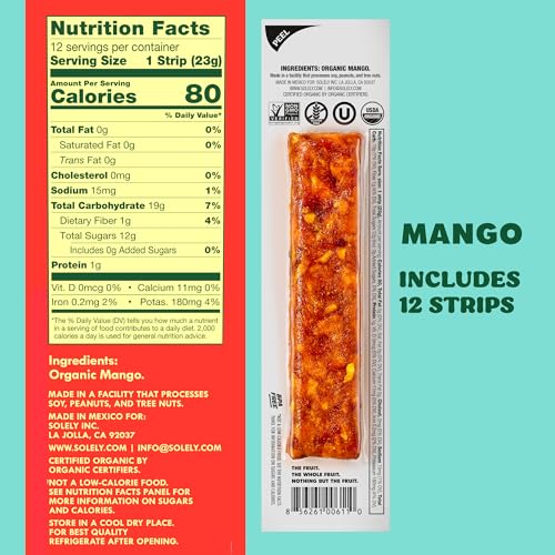 Solely - Organic Mango Fruit Jerky - 12 Individually Wrapped Fruit Strips - Fruit Leather Made from Dried Fruits - Healthy Snacks, Vegan - 0.8oz (23g)