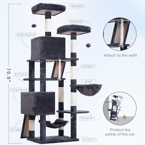 Gitelsnour Cat Tree for Indoor Cats, 71'' (180cm) Multi-Level Cat Tower for Large Adult, Sturdy Cat Tree House with 2 Scratching Boards 7 Posts, 2 Plush Perches/Condos, Hammock, Smoky Gray GCT032G