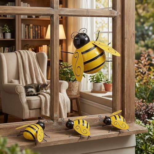 Yungeln Metal Wall Art, 4PCS Metal Bumble Bee Wall Decor, 3D Iron Bee Art Sculpture Hanging Wall Decorations for Outdoor Home Garden