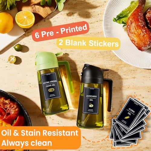 CXINYI - 16oz/470ml Olive Oil Dispenser for Kitchen with Stickers - 2 in 1 Olive Oil Sprayer for Cooking, Air Fryer, and Salad, Black&Green (Light-Proof Kitchen Gadget)