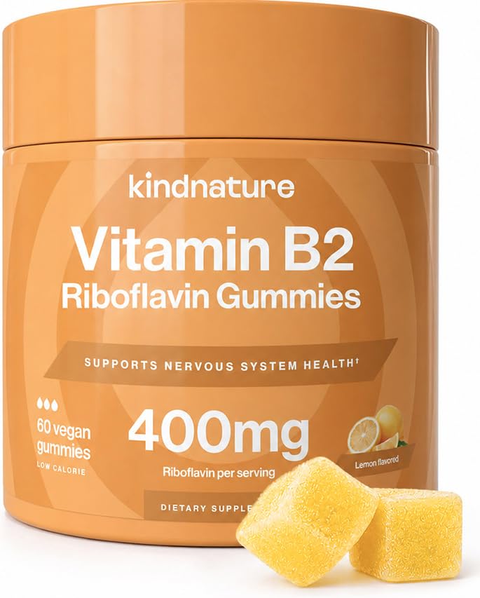 kindnature Vitamin B2 Gummies - Riboflavin 400mg Supplement for Kids & Adults - Non-GMO, Soy & Gluten-Free, Vegan Chewable Gummies (30 Day Supply)