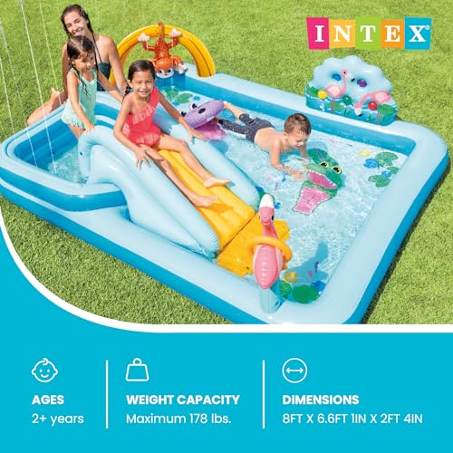 Intex 96" x 78" x 28" Inflatable Jungle Adventure Play Center Spray Kiddie Pool - Backyard Kids Water Slide, Outdoor Blow-Up Splash Pad for Toddlers