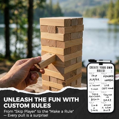 Outdoor Games Large Wooden Tower Stacking Game - 54 Premium Pine Blocks Stack up to 4FT with Custom Rules Board & Heavy Duty Carry Bag - Outdoor Lawn Games for Backyard Parties, Camping, Tailgating