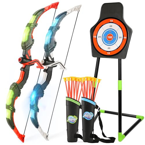 Bow and Arrow Set for Kids, 2 Pack LED Light Up Archery Set with 20 Suction Cup Arrows, Indoor and Outdoor Toy for Boys Girls Age 4-8 8-12 with Standing Target&2 Quivers, Birthday Gift 3-12 Years Old