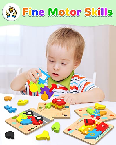 Yetonamr Wooden Toddler Puzzles Gifts Toys for 1 2 3 Years Old Boys Girls, 6 Vehicle Shape Montessori Toys Educational Blocks Kids Toys Gift Baby Learning Toy Age 1-3, 2-4